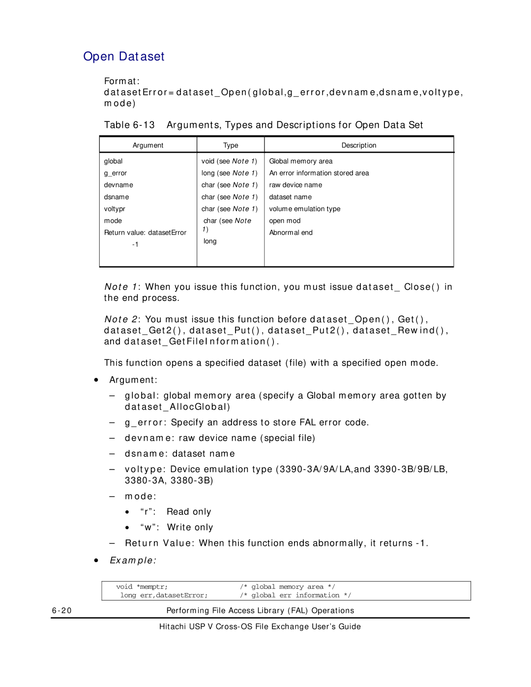 Hitachi MK-96RD647-01 manual Open Dataset, Arguments, Types and Descriptions for Open Data Set, Mode 