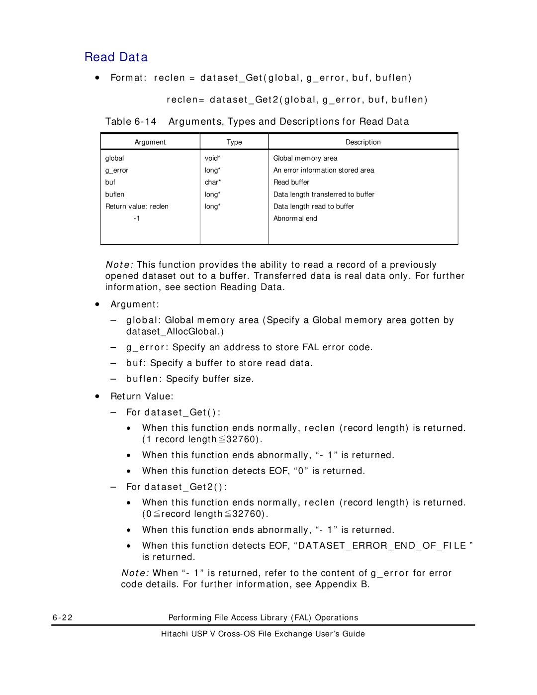 Hitachi MK-96RD647-01 manual Arguments, Types and Descriptions for Read Data, For datasetGet2 