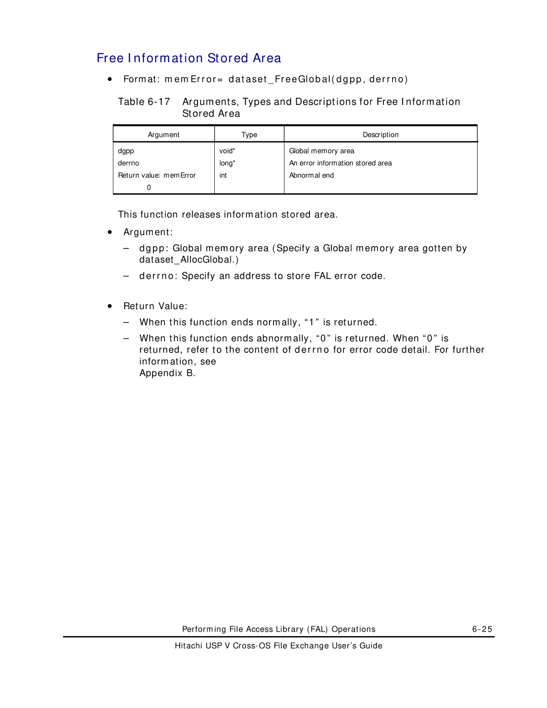 Hitachi MK-96RD647-01 manual Free Information Stored Area, Format memError= datasetFreeGlobaldgpp, derrno 