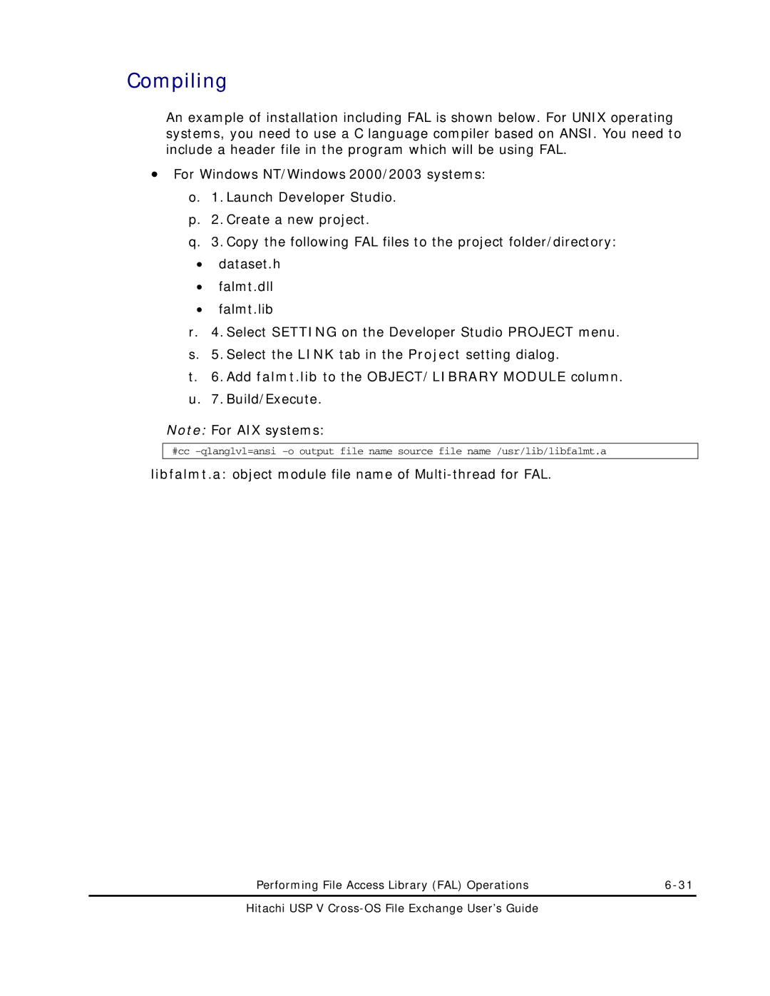 Hitachi MK-96RD647-01 manual Compiling, Add falmt.lib to the OBJECT/LIBRARY Module column 