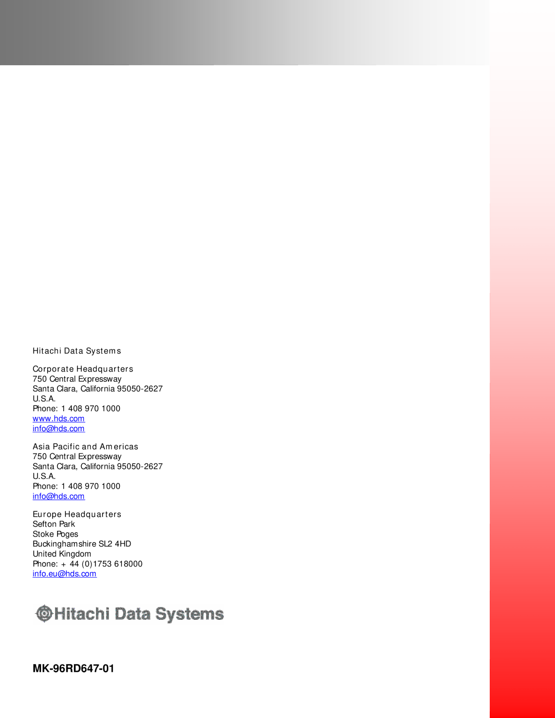 Hitachi MK-96RD647-01 manual Hitachi Data Systems Corporate Headquarters 