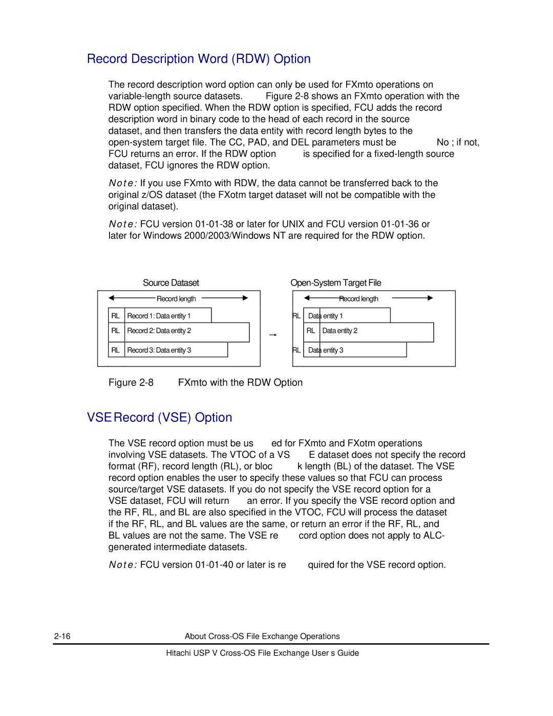 Hitachi MK-96RD647-01 manual Record Description Word RDW Option, VSE Record VSE Option, Data entity 