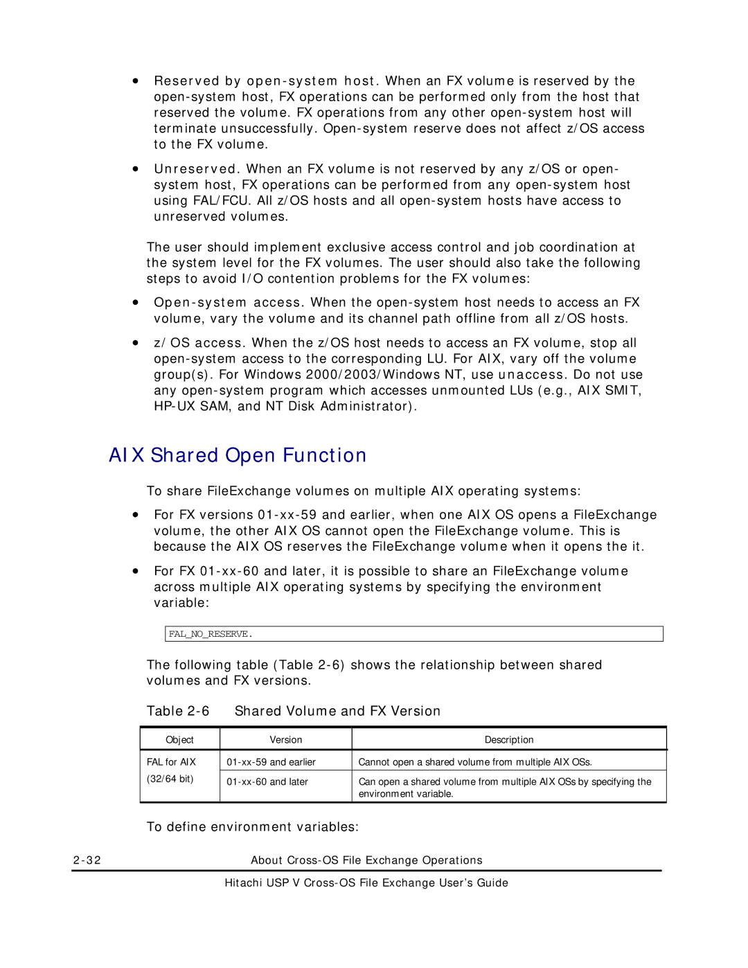 Hitachi MK-96RD647-01 manual AIX Shared Open Function, Shared Volume and FX Version, Object Version Description 