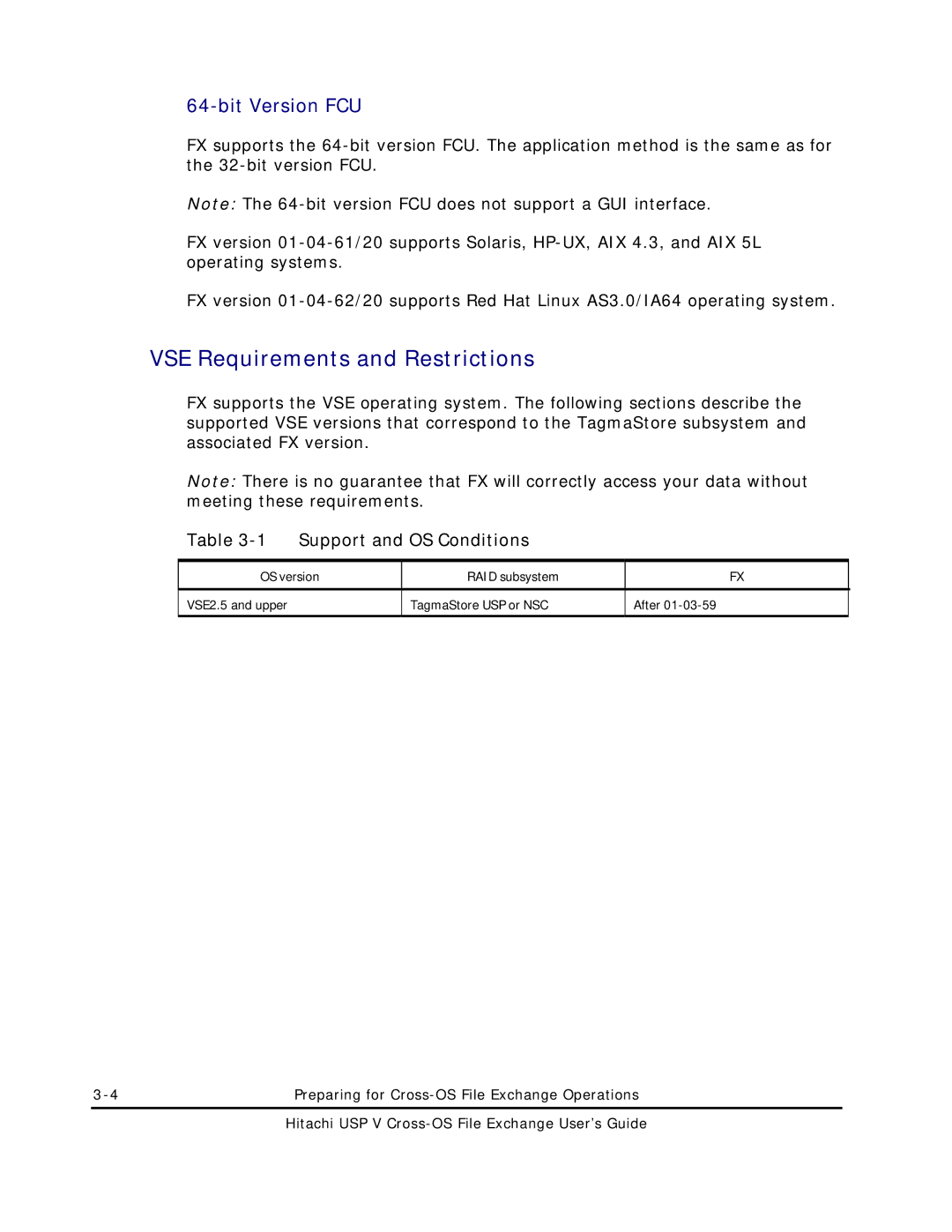 Hitachi MK-96RD647-01 manual VSE Requirements and Restrictions, Support and OS Conditions, OS version RAID subsystem 