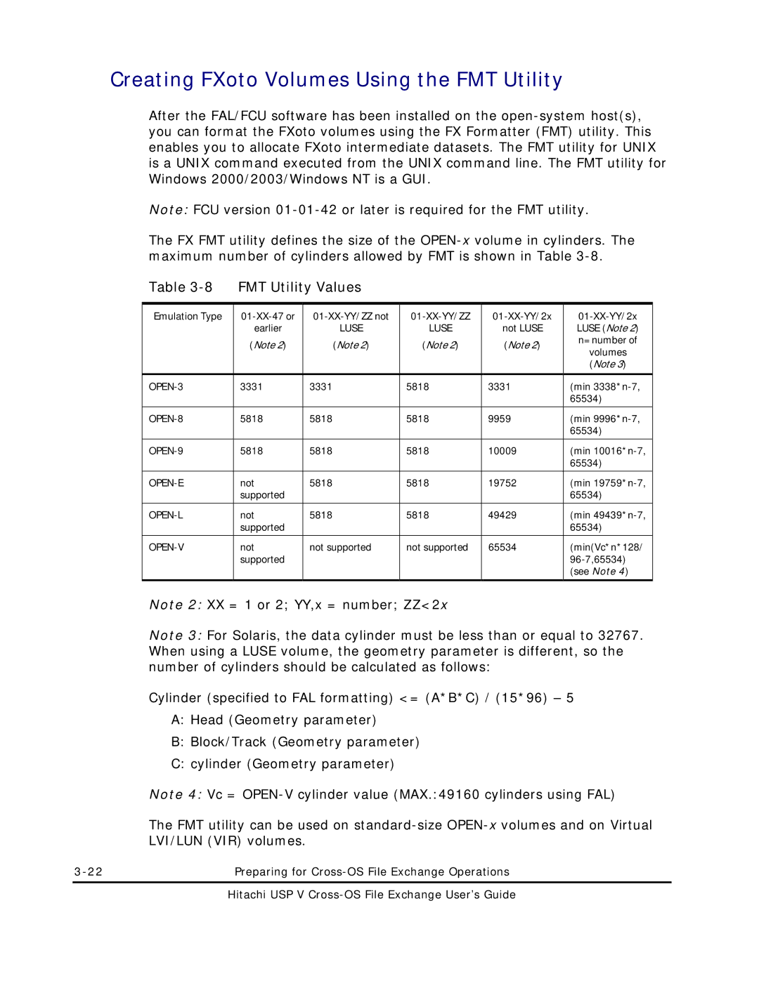 Hitachi MK-96RD647-01 manual Creating FXoto Volumes Using the FMT Utility, FMT Utility Values, 01-XX-47 or 