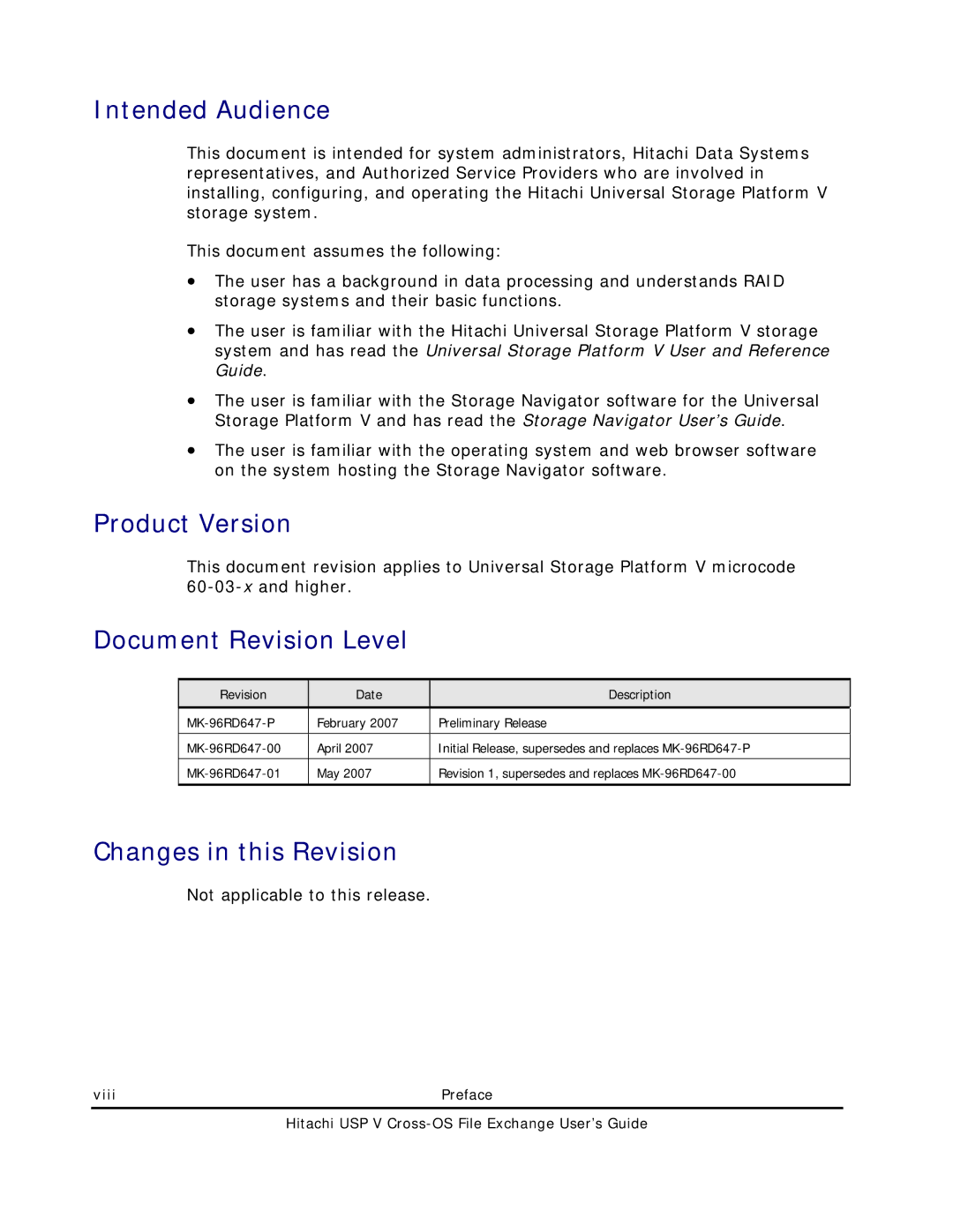 Hitachi MK-96RD647-01 manual Intended Audience, Product Version, Document Revision Level, Changes in this Revision 