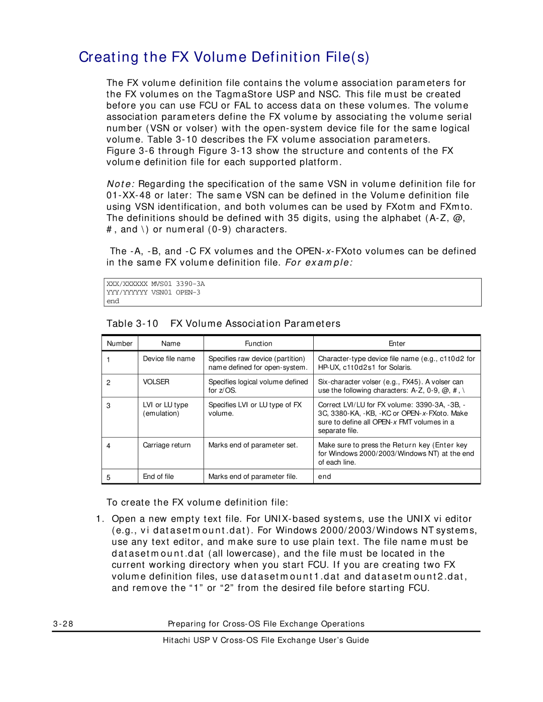 Hitachi MK-96RD647-01 manual Creating the FX Volume Definition Files, FX Volume Association Parameters 