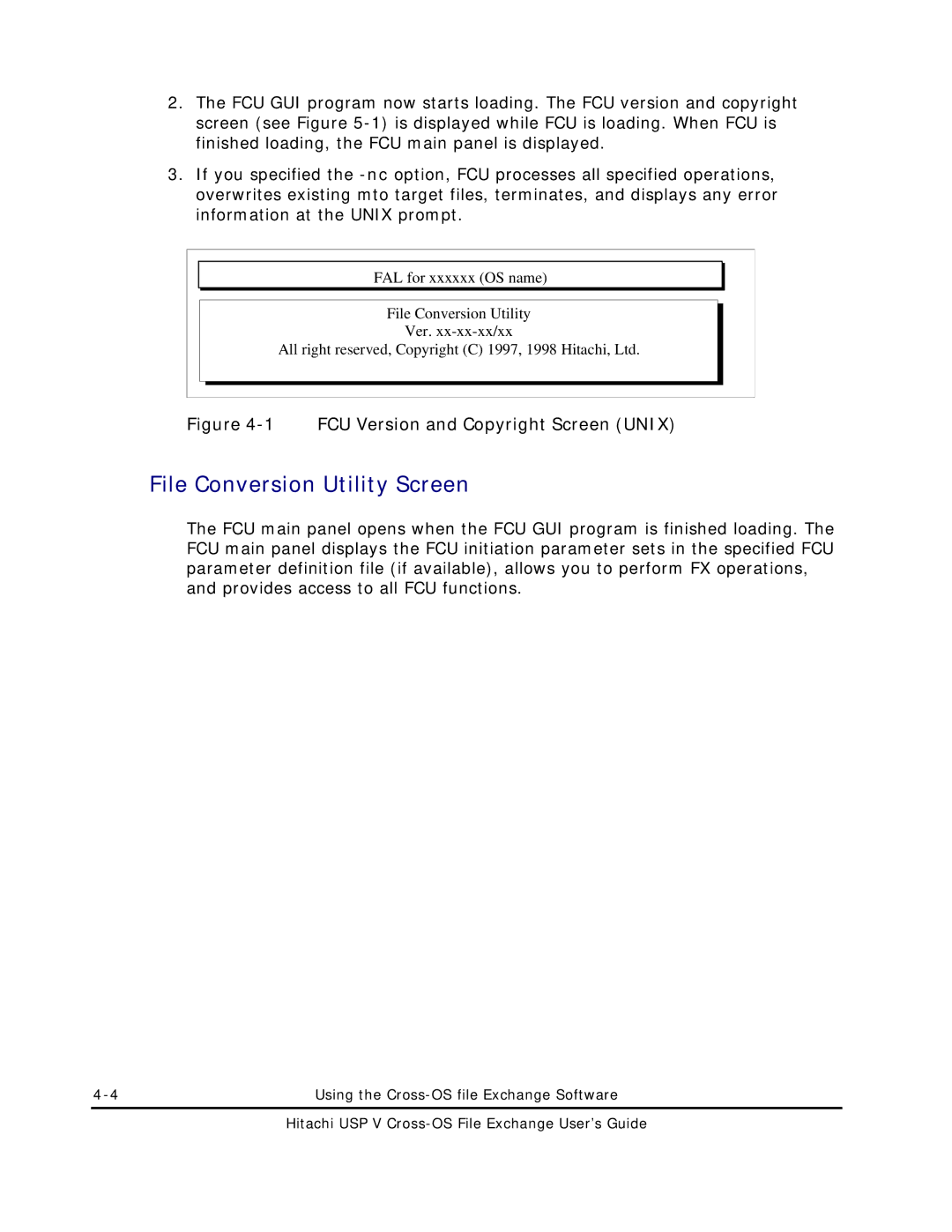 Hitachi MK-96RD647-01 manual File Conversion Utility Screen, FCU Version and Copyright Screen Unix 