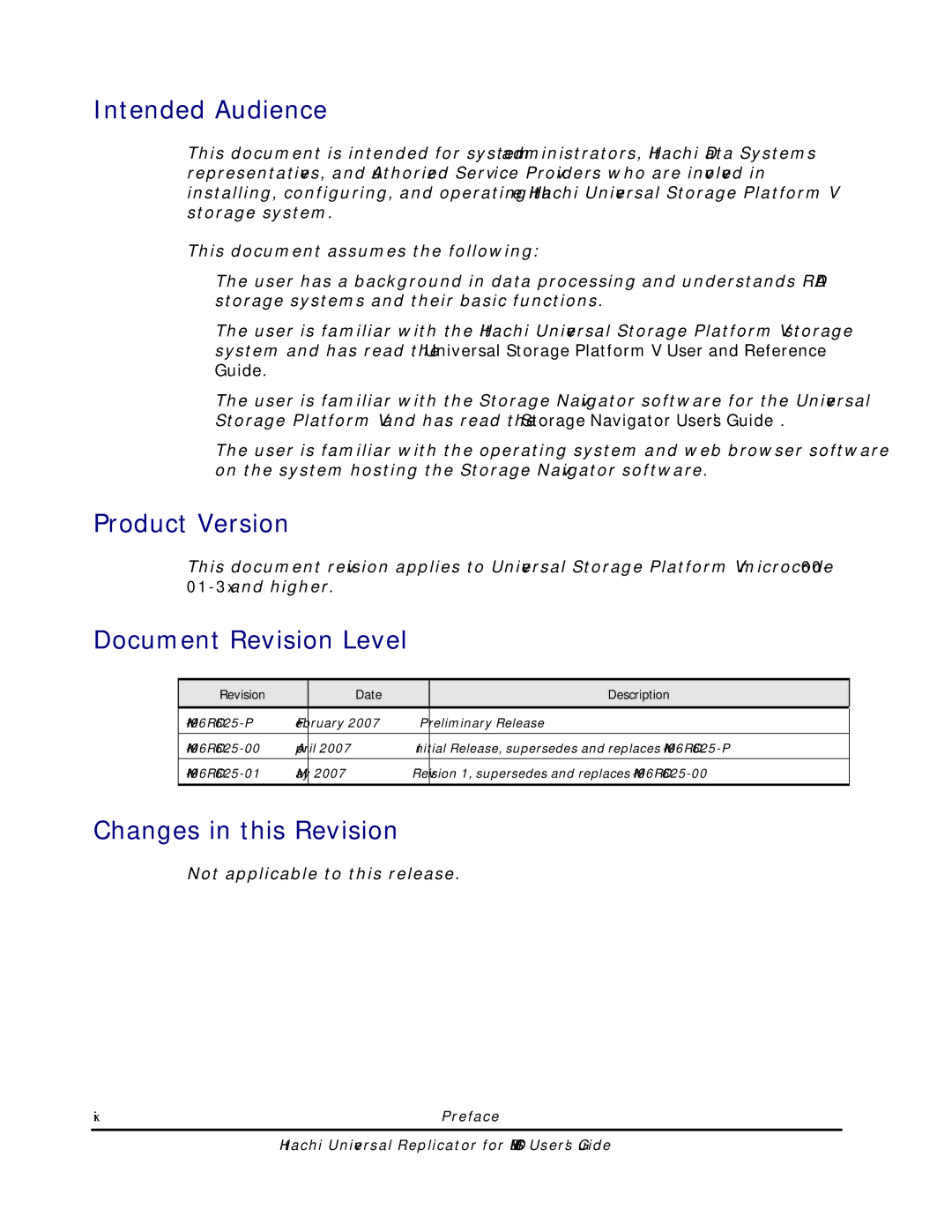 Hitachi MP-96RD625-01 manual Intended Audience, Product Version, Document Revision Level, Changes in this Revision 