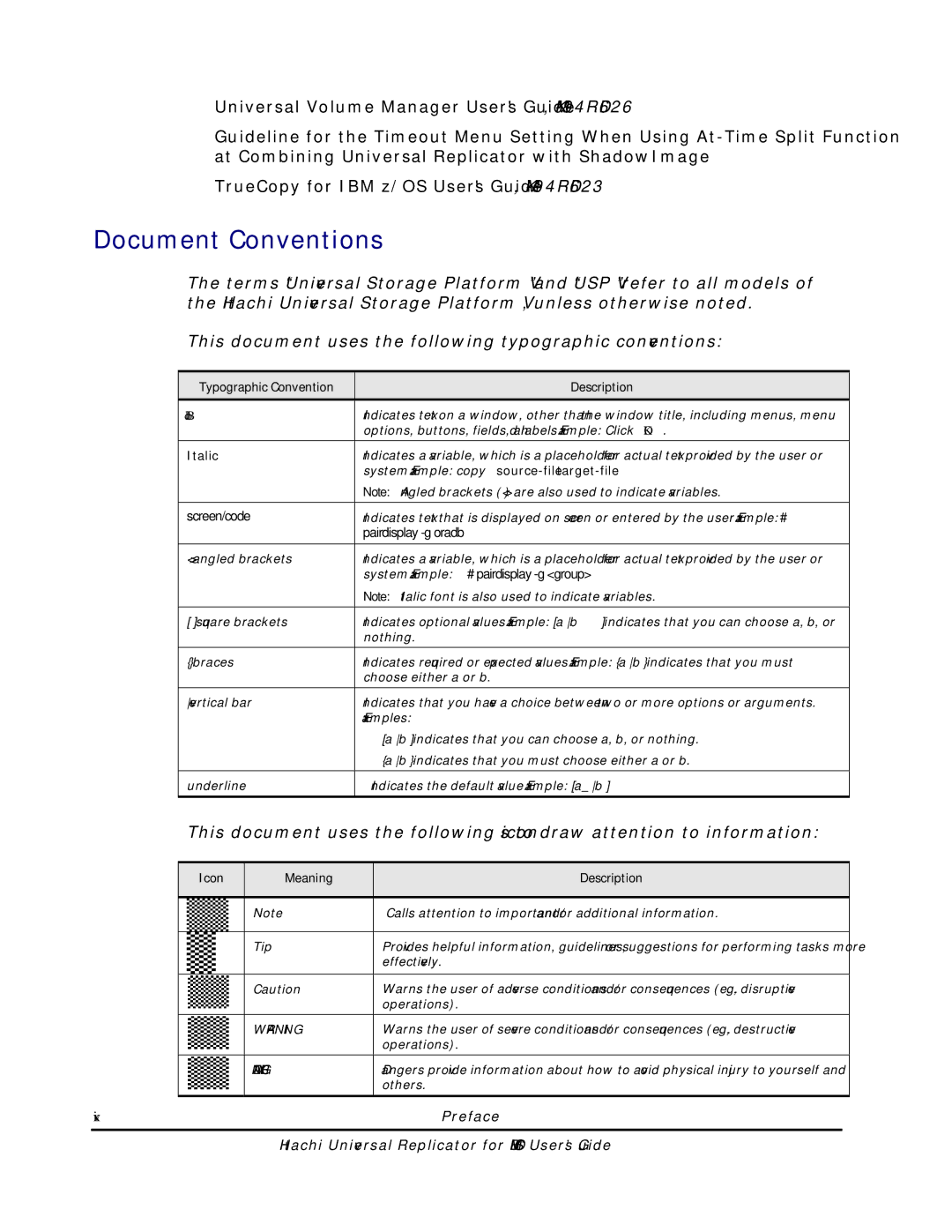 Hitachi MP-96RD625-01 manual Document Conventions, Icon Meaning Description 