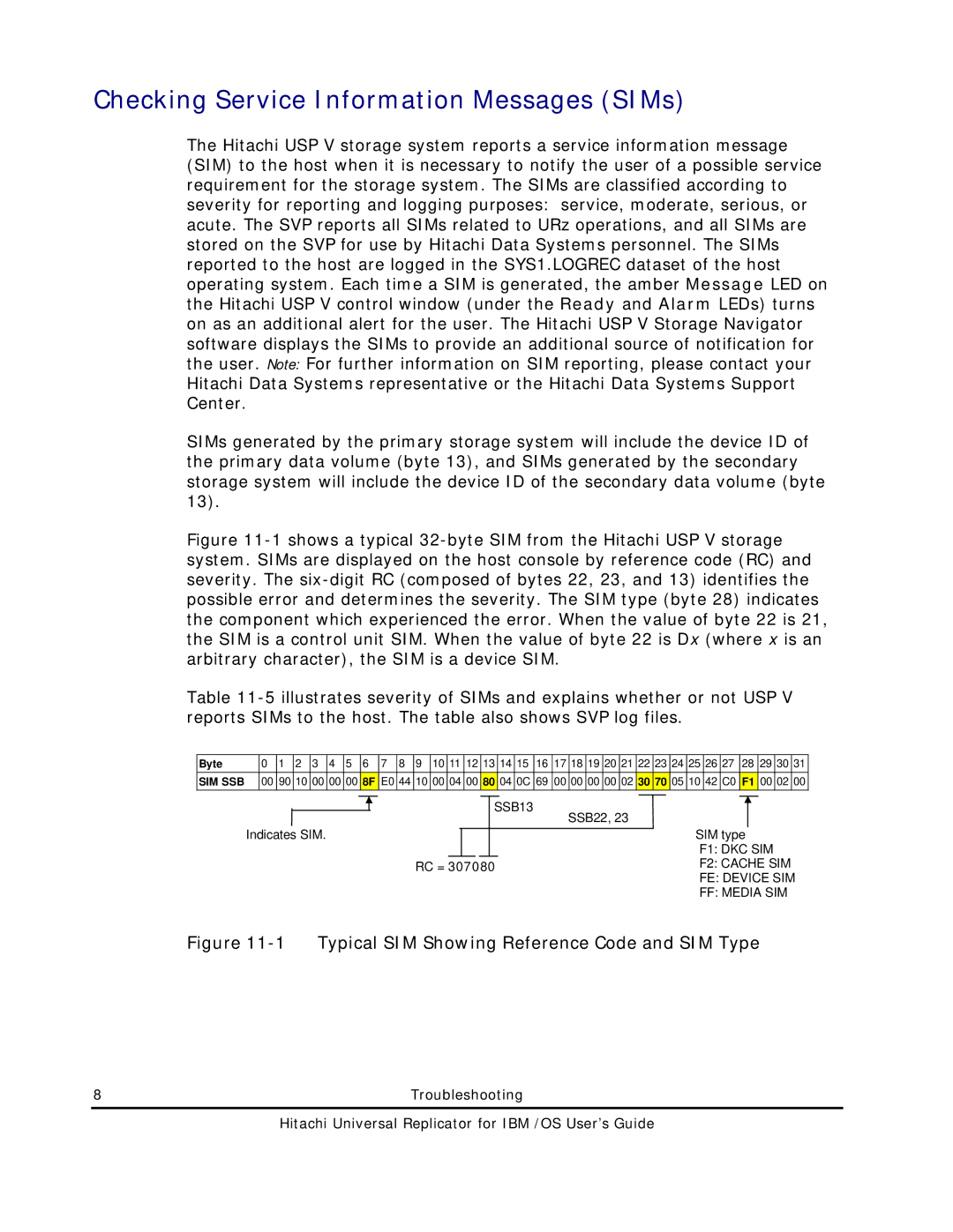 Hitachi MP-96RD625-01 manual Checking Service Information Messages SIMs, Typical SIM Showing Reference Code and SIM Type 