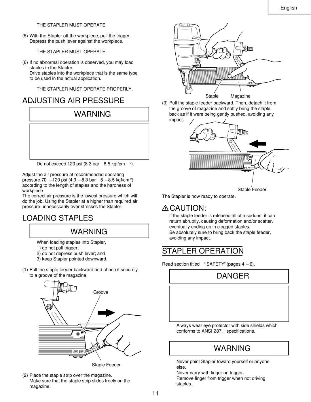 Hitachi N 5008AC manual Adjusting AIR Pressure, Loading Staples, Stapler Operation, Stapler Must Operate 