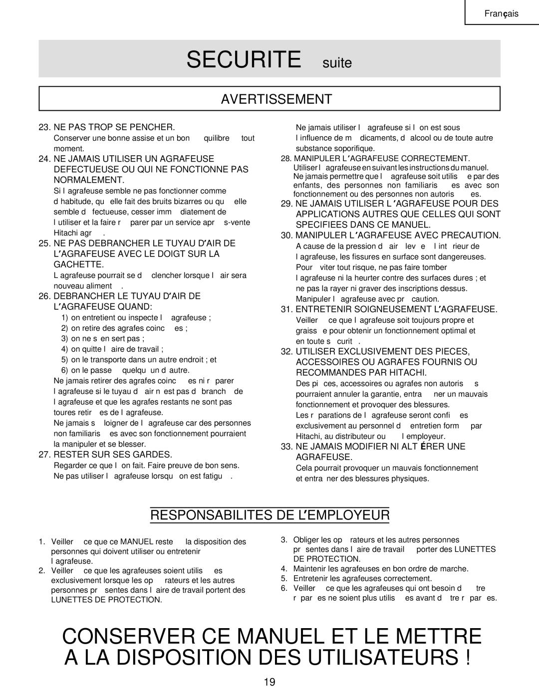 Hitachi N 5008AC manual Responsabilites DE L’EMPLOYEUR 