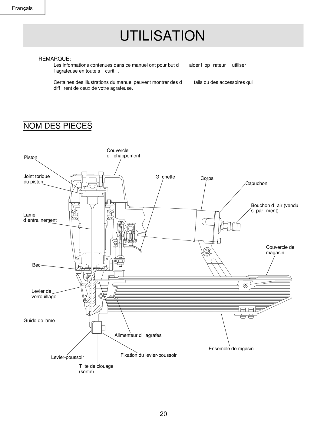 Hitachi N 5008AC manual Utilisation, NOM DES Pieces, Remarque 