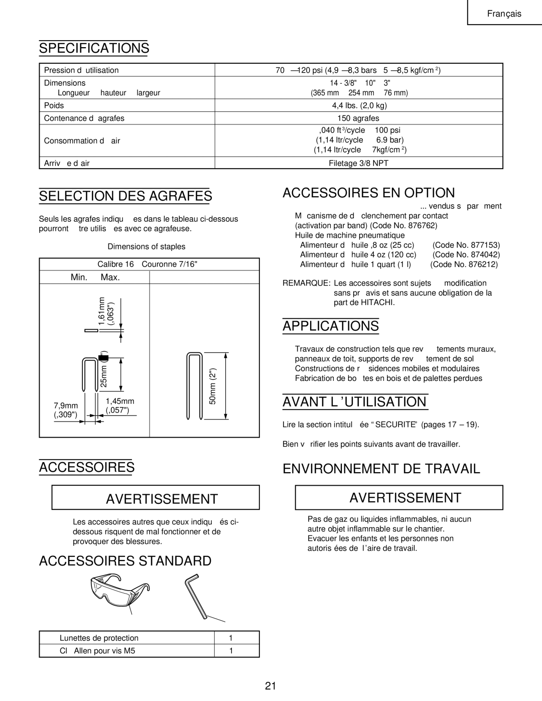 Hitachi N 5008AC manual Selection DES Agrafes, Accessoires EN Option, Avant L’UTILISATION, Accessoires Avertissement 