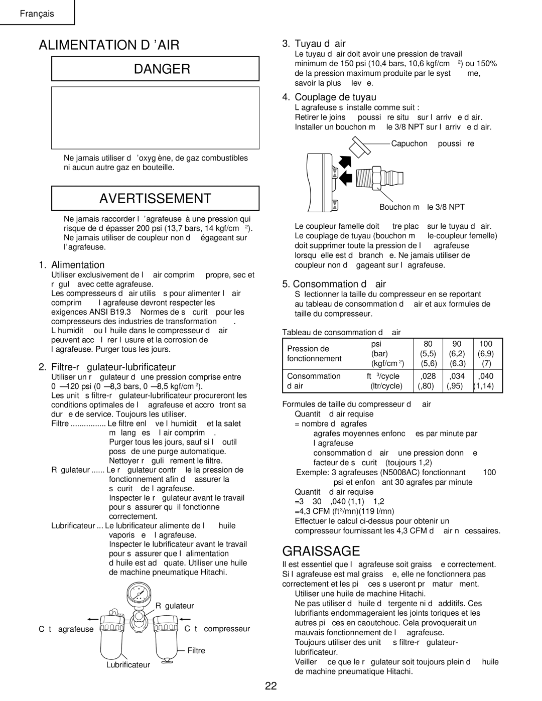 Hitachi N 5008AC manual Alimentation D’AIR, Graissage 