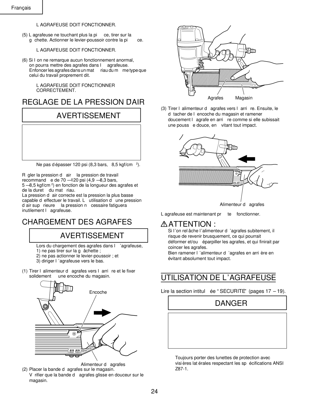 Hitachi N 5008AC manual Reglage DE LA Pression D’AIR Avertissement, Chargement DES Agrafes Avertissement 