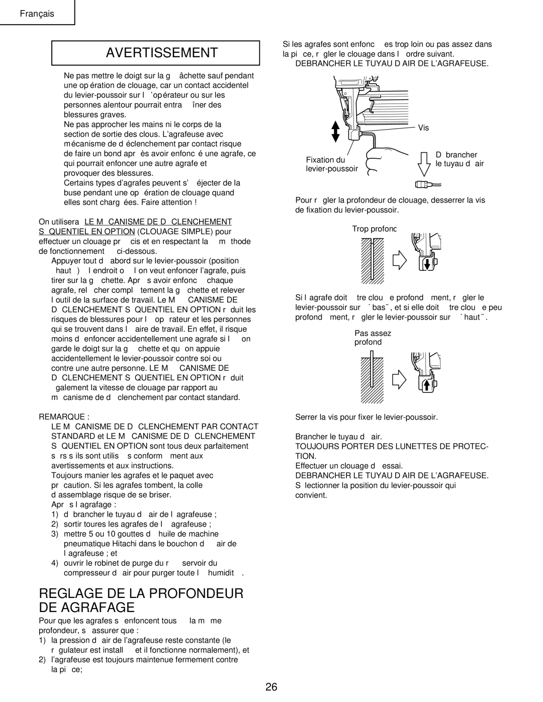 Hitachi N 5008AC manual Reglage DE LA Profondeur DE Agrafage, Debrancher LE Tuyau D’AIR DE Lagrafeuse 