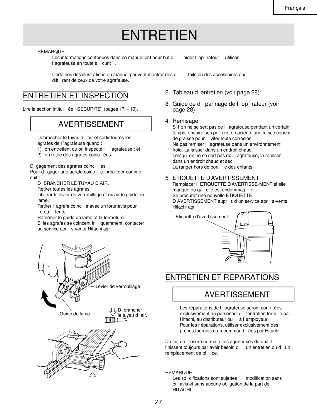 Hitachi N 5008AC Entretien ET Inspection, Entretien ET Reparations Avertissement, Débrancher LE Tuyau D’AIR, Hitachi 