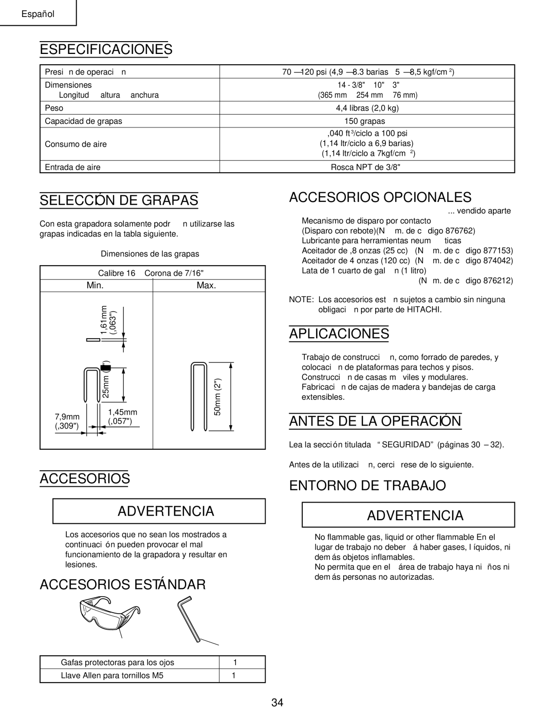 Hitachi N 5008AC manual Especificaciones, Selección DE Grapas, Accesorios Opcionales, Aplicaciones, Antes DE LA Operación 