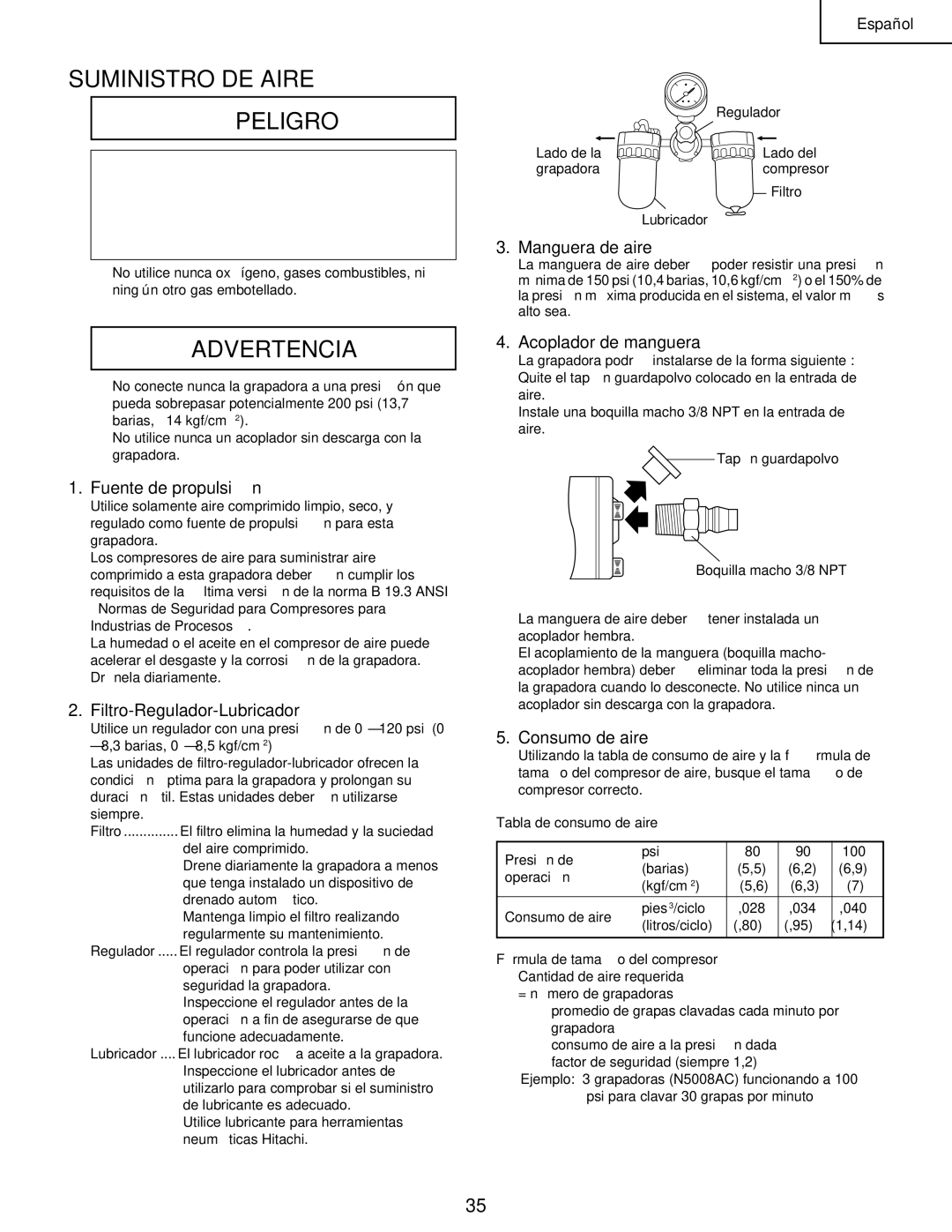 Hitachi N 5008AC manual Suministro DE Aire Peligro, Fuente de propulsión 