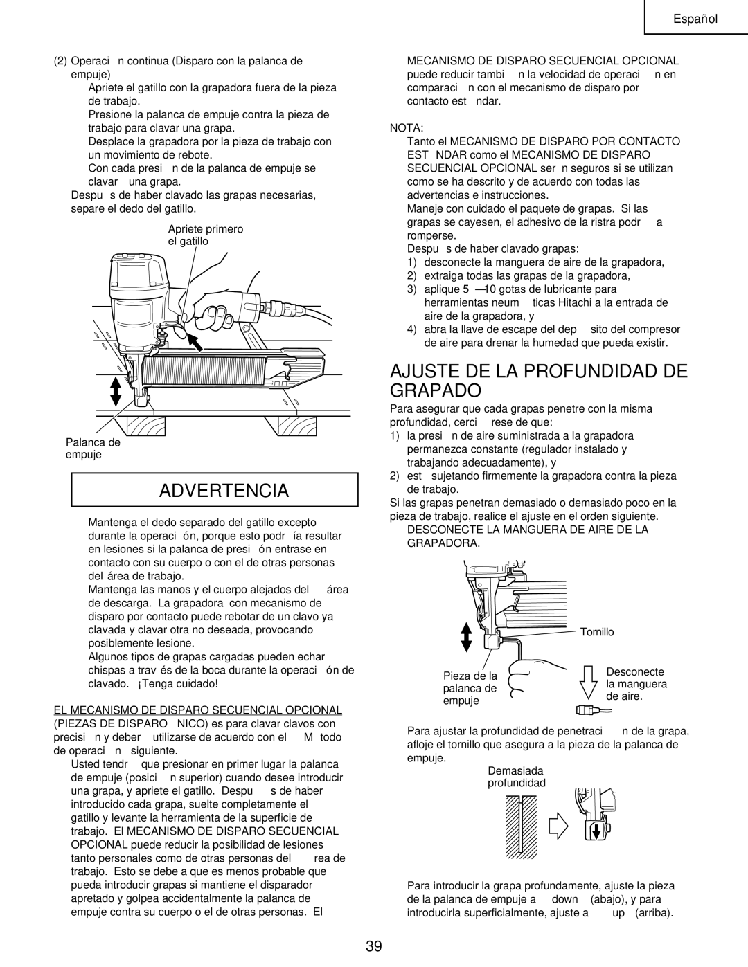 Hitachi N 5008AC manual Ajuste DE LA Profundidad DE Grapado, Desconecte LA Manguera DE Aire DE LA Grapadora 