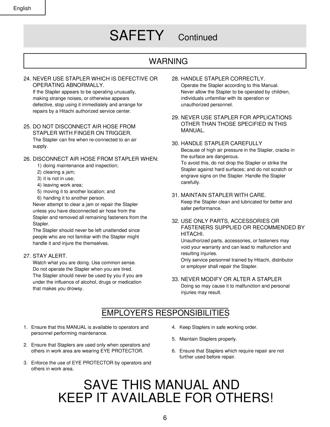 Hitachi N 5008AC manual EMPLOYER’S Responsibilities 