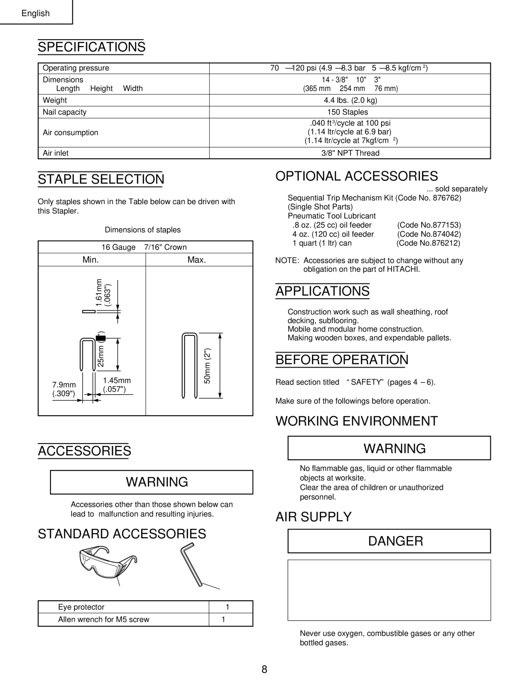 Hitachi N 5008AC manual Specifications, Staple Selection, Standard Accessories, Optional Accessories, Applications 