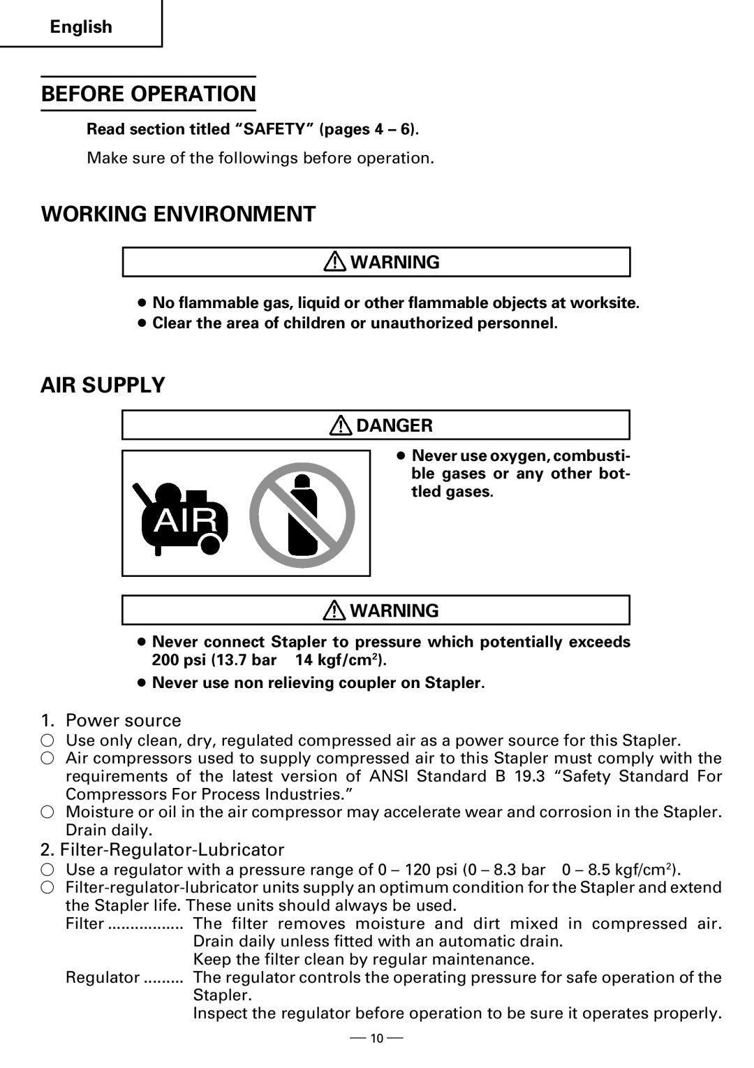 Hitachi N5008AB, N3804AB Before Operation, Working Environment, AIR Supply, Power source, Filter-Regulator-Lubricator 