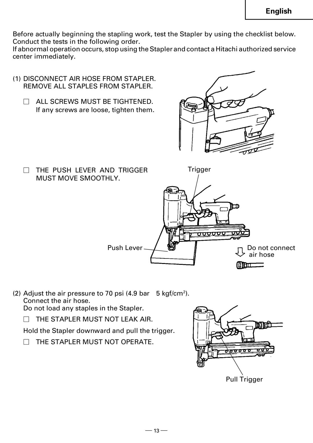 Hitachi N3804AB, N5008AB instruction manual  the Push Lever and Trigger Must Move Smoothly,  the Stapler Must not Leak AIR 