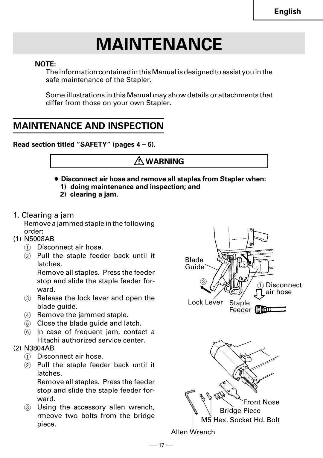 Hitachi N3804AB, N5008AB instruction manual Maintenance and Inspection, Clearing a jam 