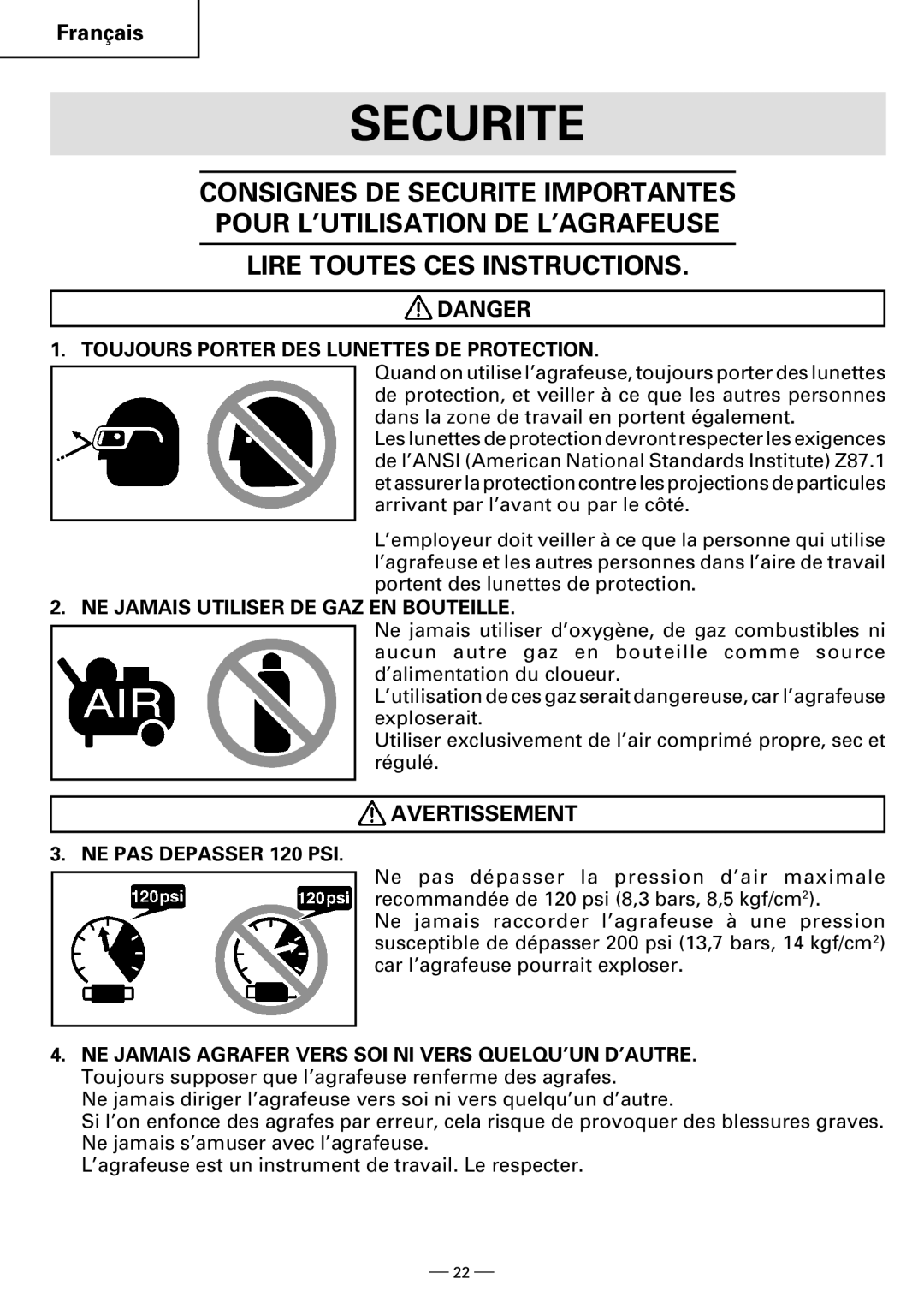 Hitachi N5008AB, N3804AB Securite, Toujours Porter DES Lunettes DE Protection, NE Jamais Utiliser DE GAZ EN Bouteille 