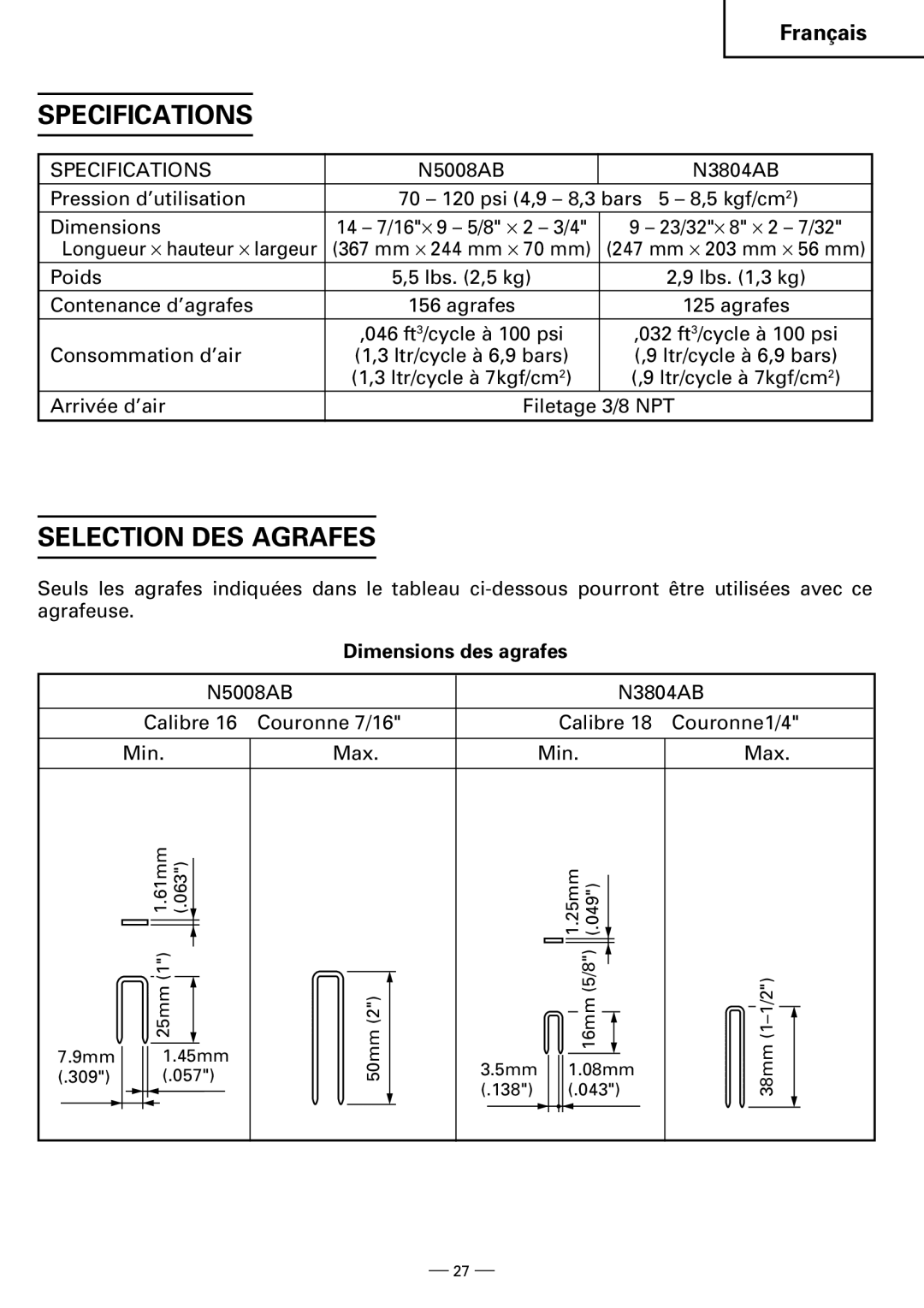 Hitachi N3804AB, N5008AB instruction manual Selection DES Agrafes, Specifications, Dimensions des agrafes 