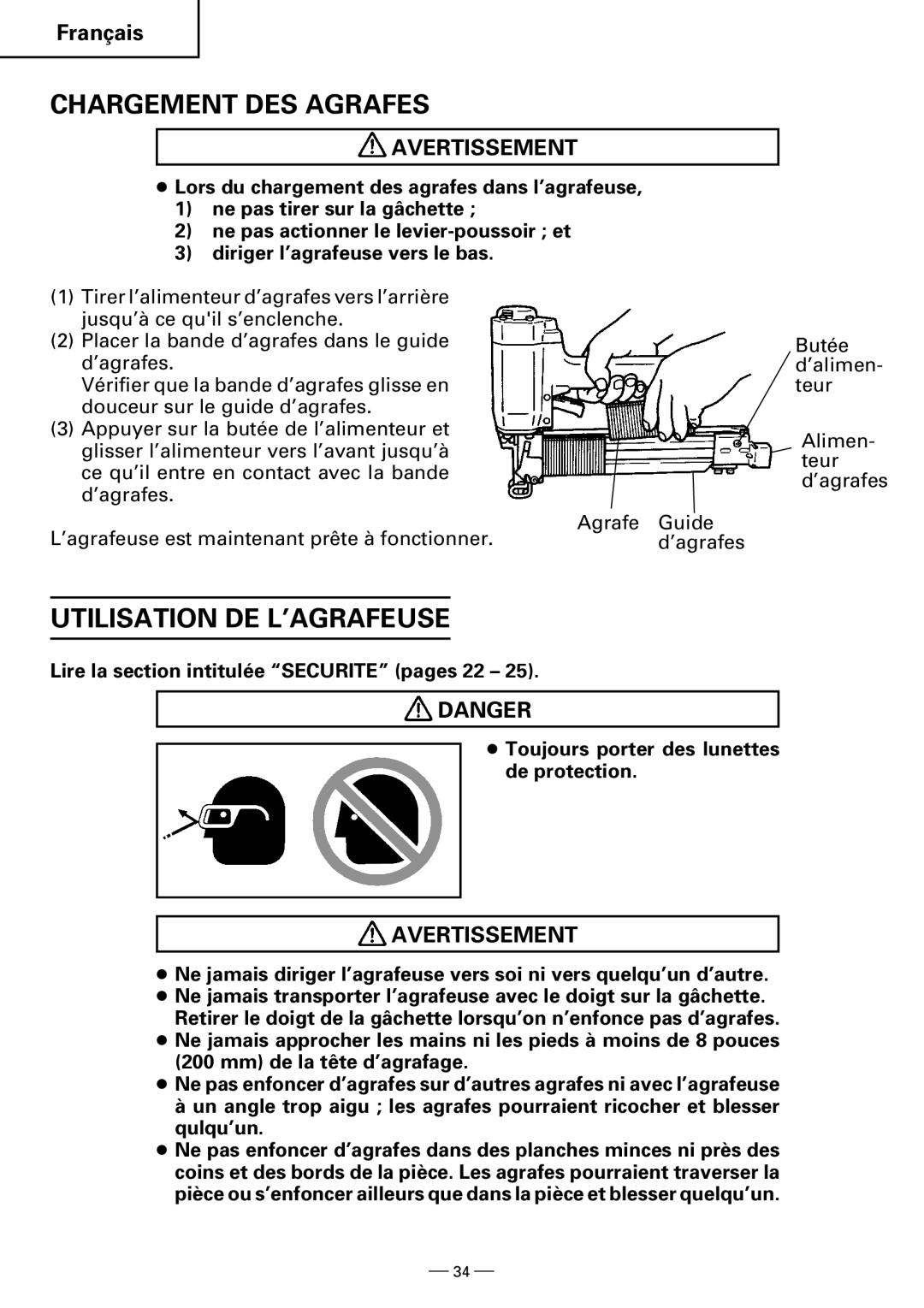 Hitachi N5008AB, N3804AB instruction manual Chargement DES Agrafes, Utilisation DE L’AGRAFEUSE 