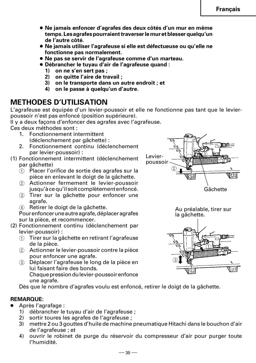 Hitachi N3804AB, N5008AB instruction manual Methodes D’UTILISATION, Remarque 