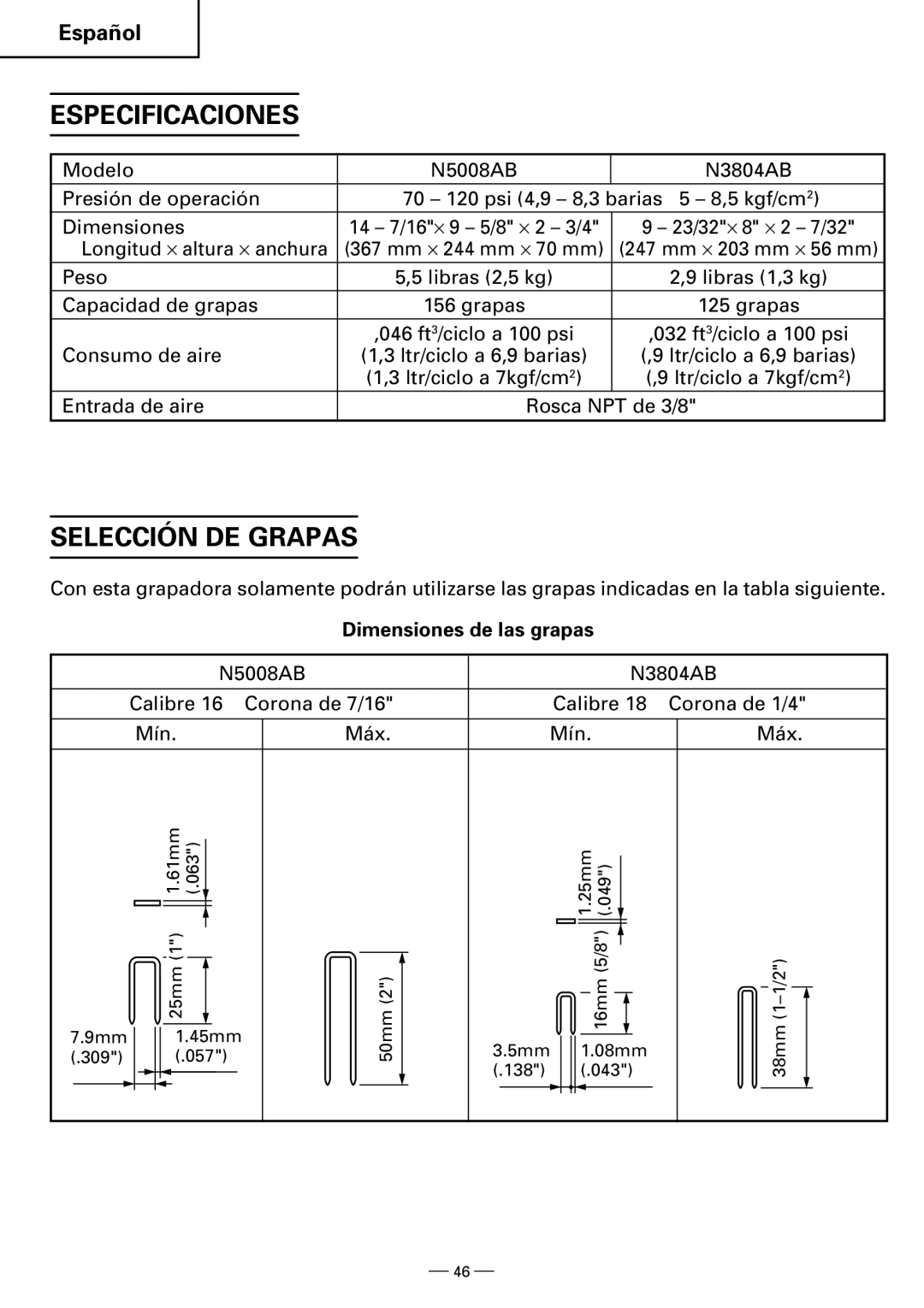 Hitachi N5008AB, N3804AB instruction manual Especificaciones, Selección DE Grapas, Dimensiones de las grapas 