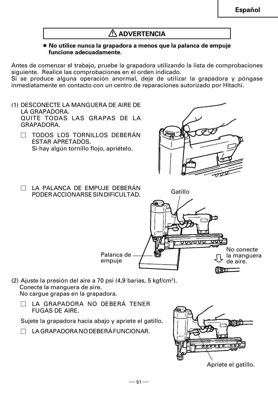 Hitachi N3804AB, N5008AB instruction manual  LA Palanca DE Empuje Deberán,  LA Grapadora no Deberá Tener Fugas DE Aire 