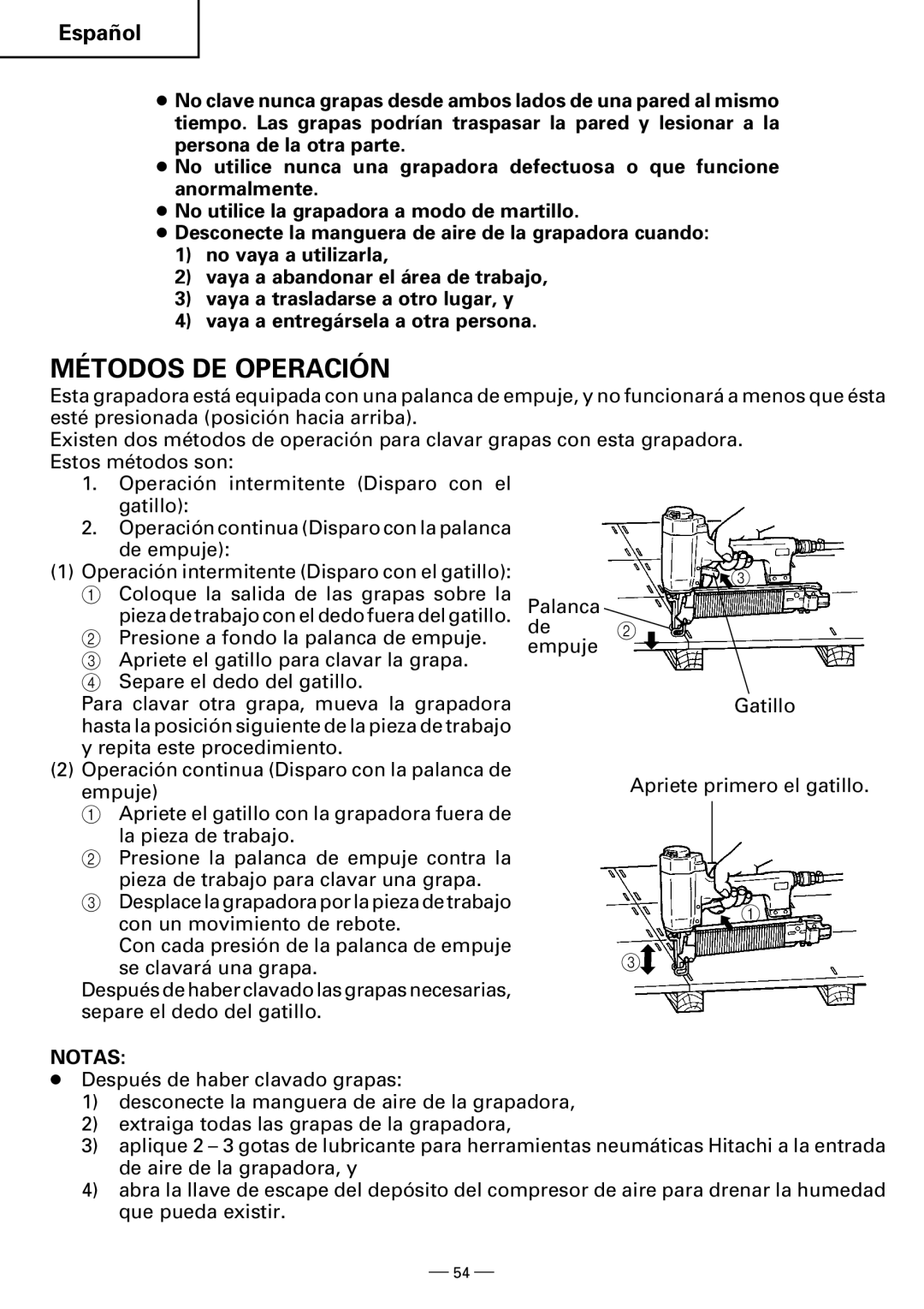 Hitachi N5008AB, N3804AB instruction manual Métodos DE Operación, Notas 