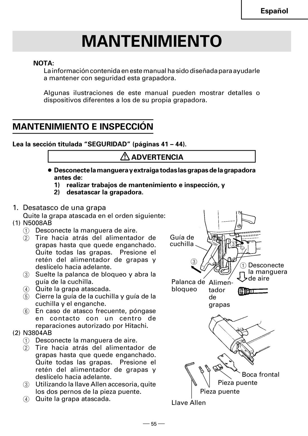 Hitachi N3804AB, N5008AB instruction manual Mantenimiento E Inspección, Desatasco de una grapa 