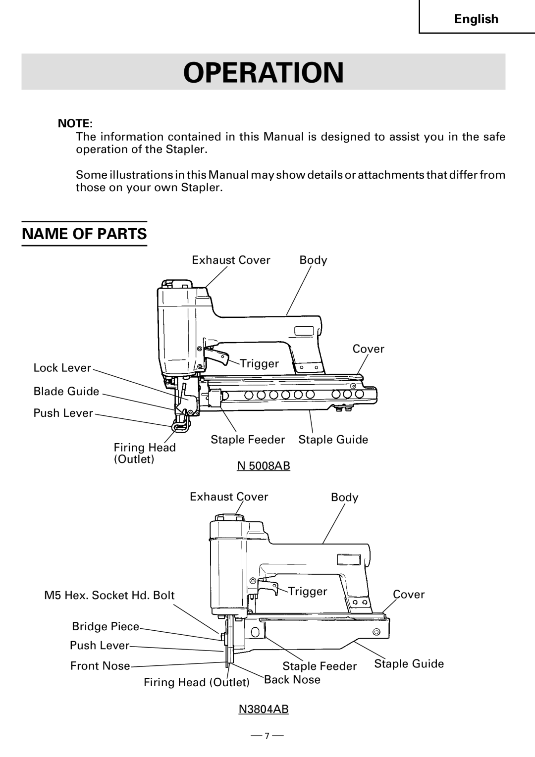 Hitachi N3804AB, N5008AB instruction manual Operation, Name of Parts 