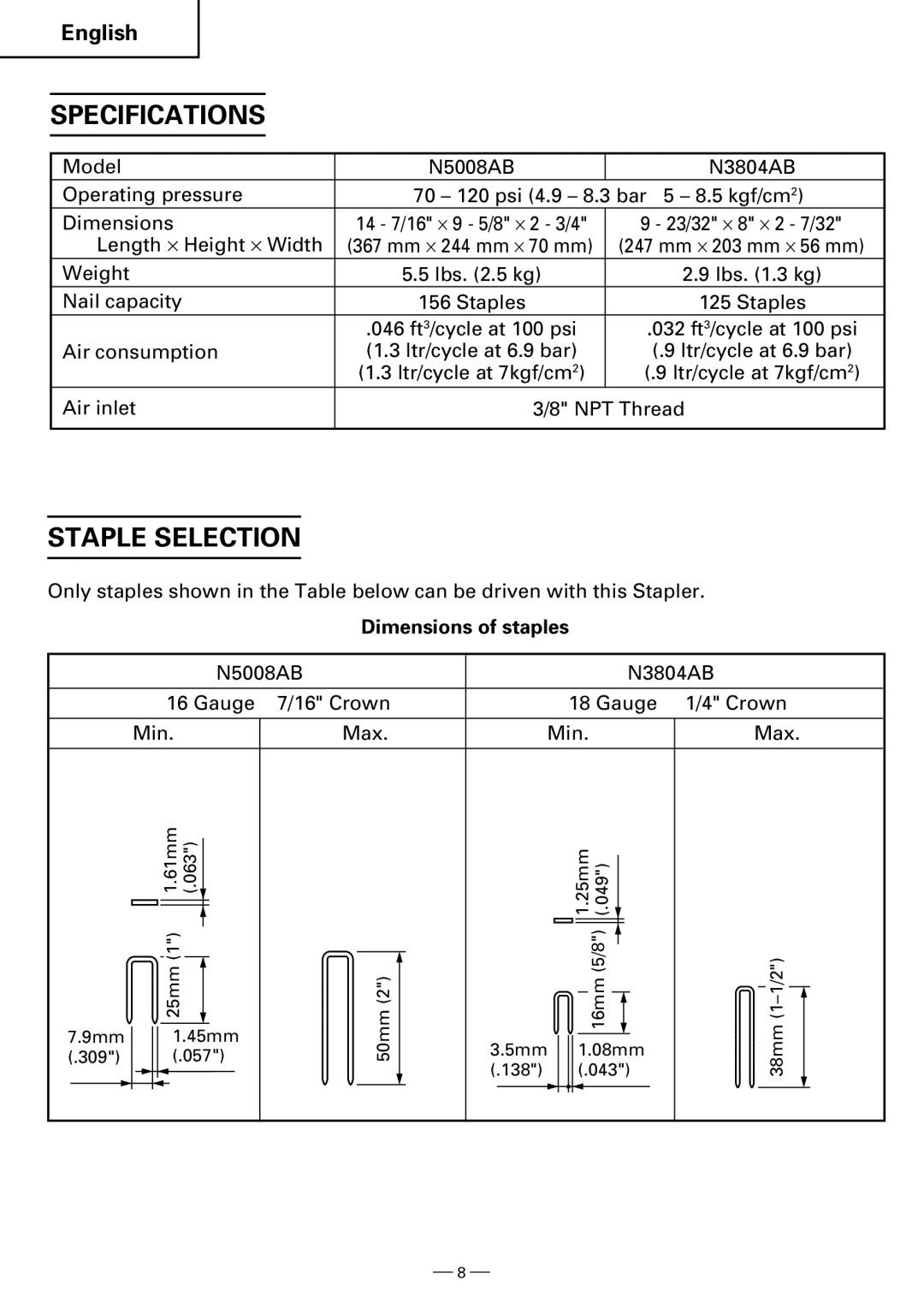 Hitachi N5008AB, N3804AB instruction manual Specifications, Staple Selection, Dimensions of staples 