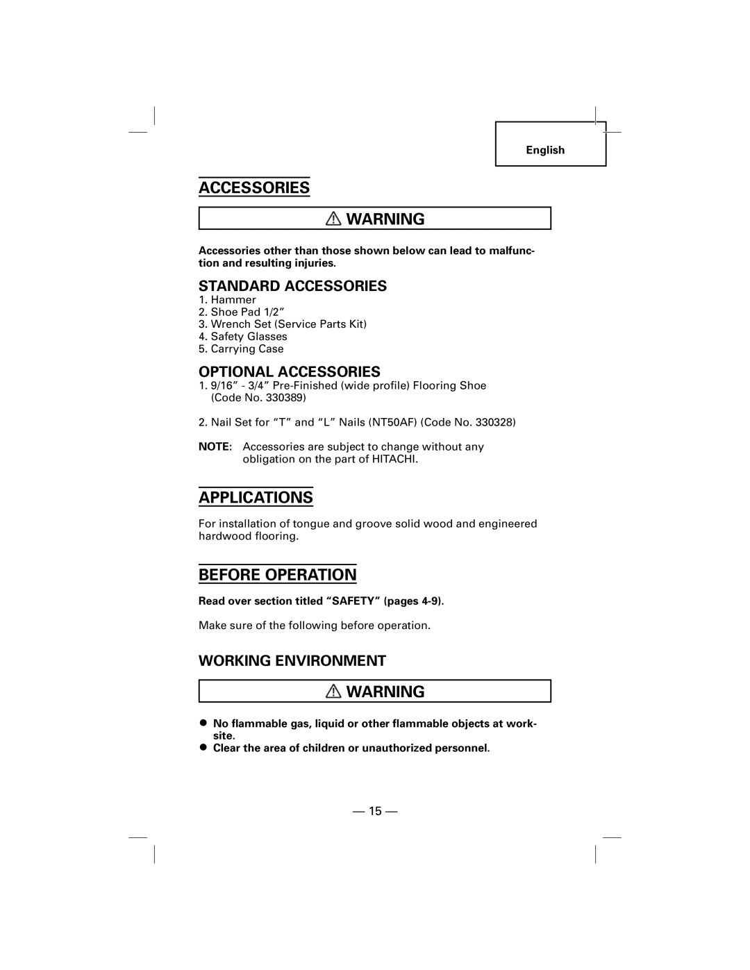 Hitachi NT50AF, N5009AF manual Accessories, Applications, Before Operation 