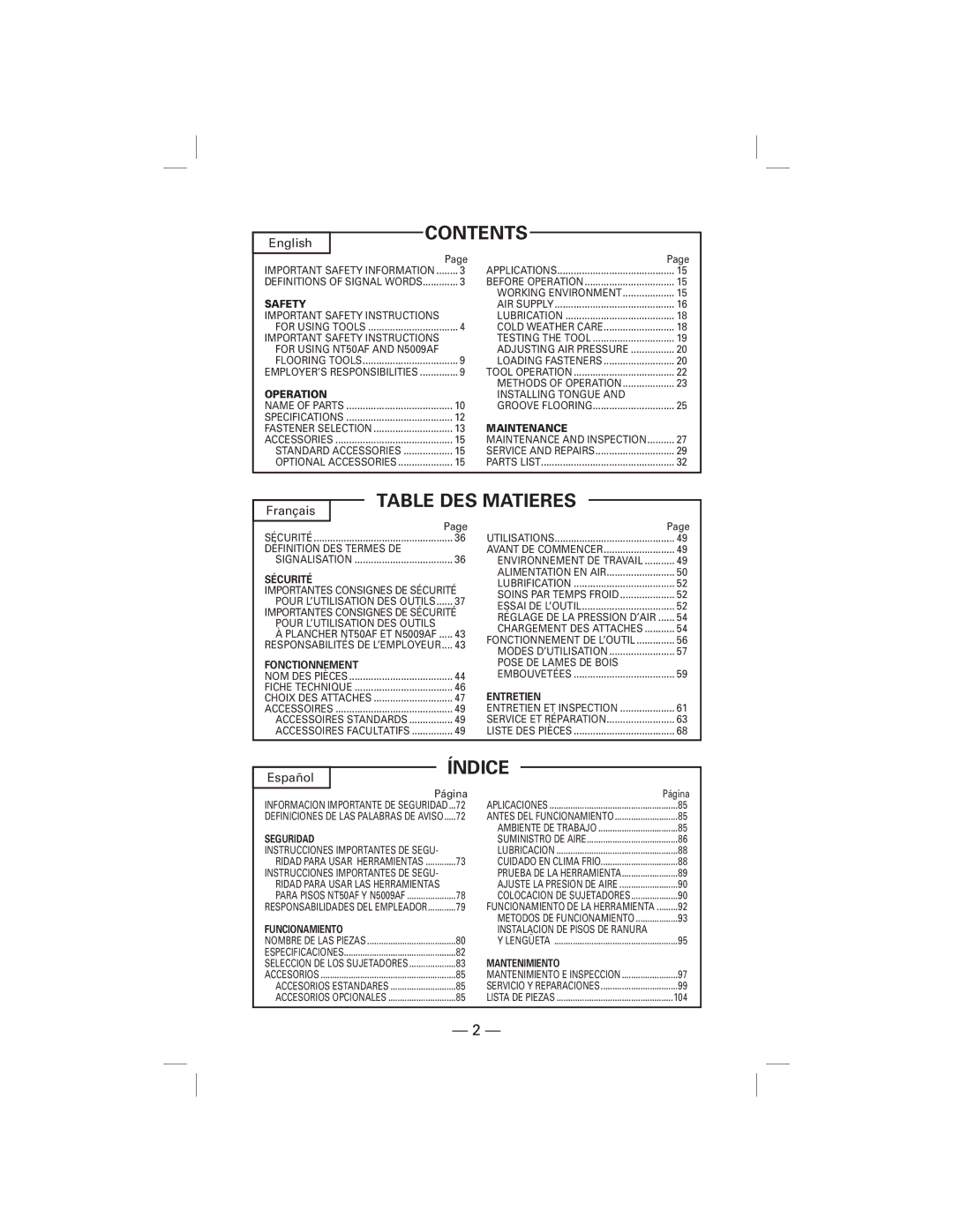 Hitachi N5009AF, NT50AF manual Contents, Table DES Matieres, Índice 