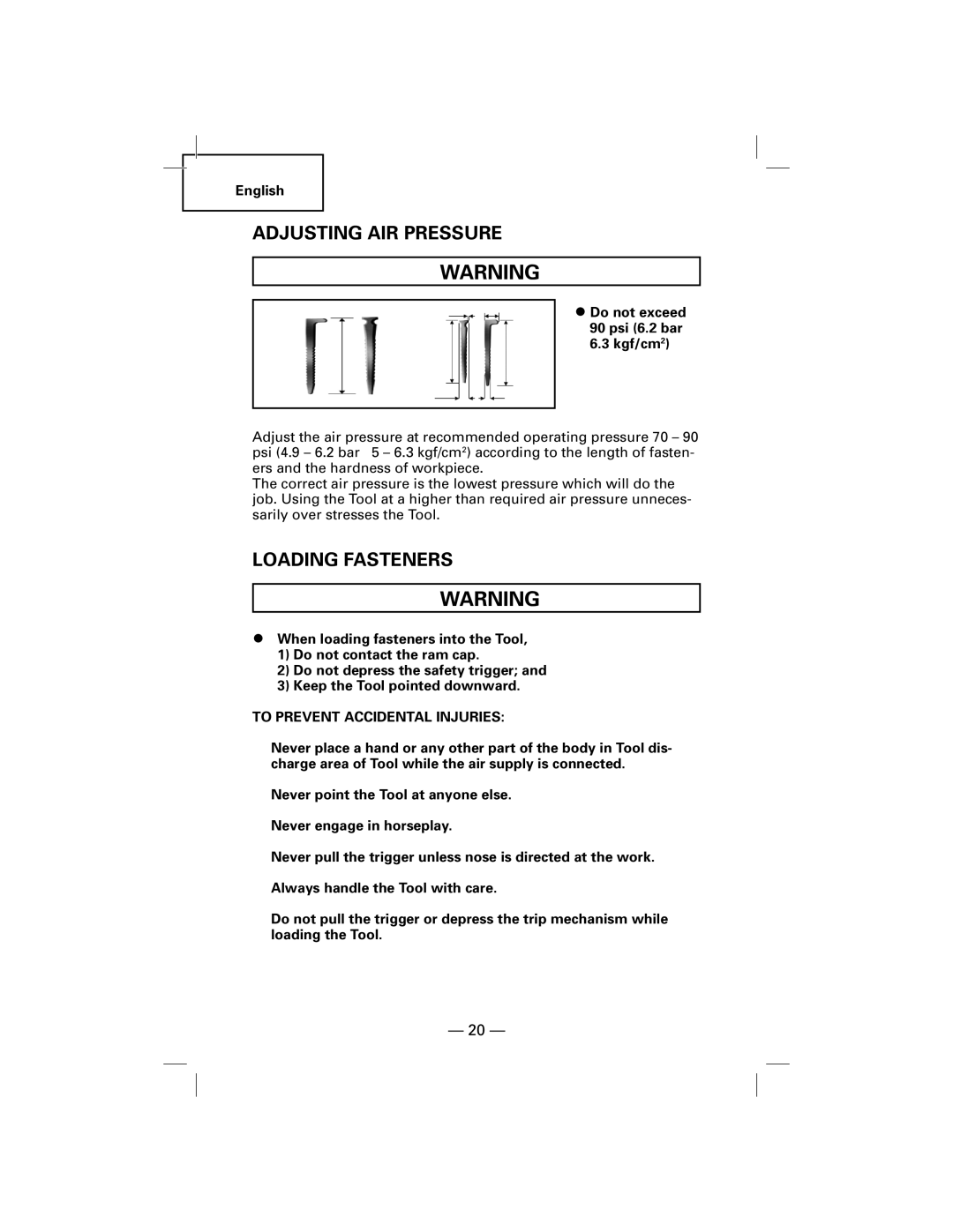 Hitachi N5009AF, NT50AF manual Adjusting AIR Pressure, Loading Fasteners, To Prevent Accidental Injuries 