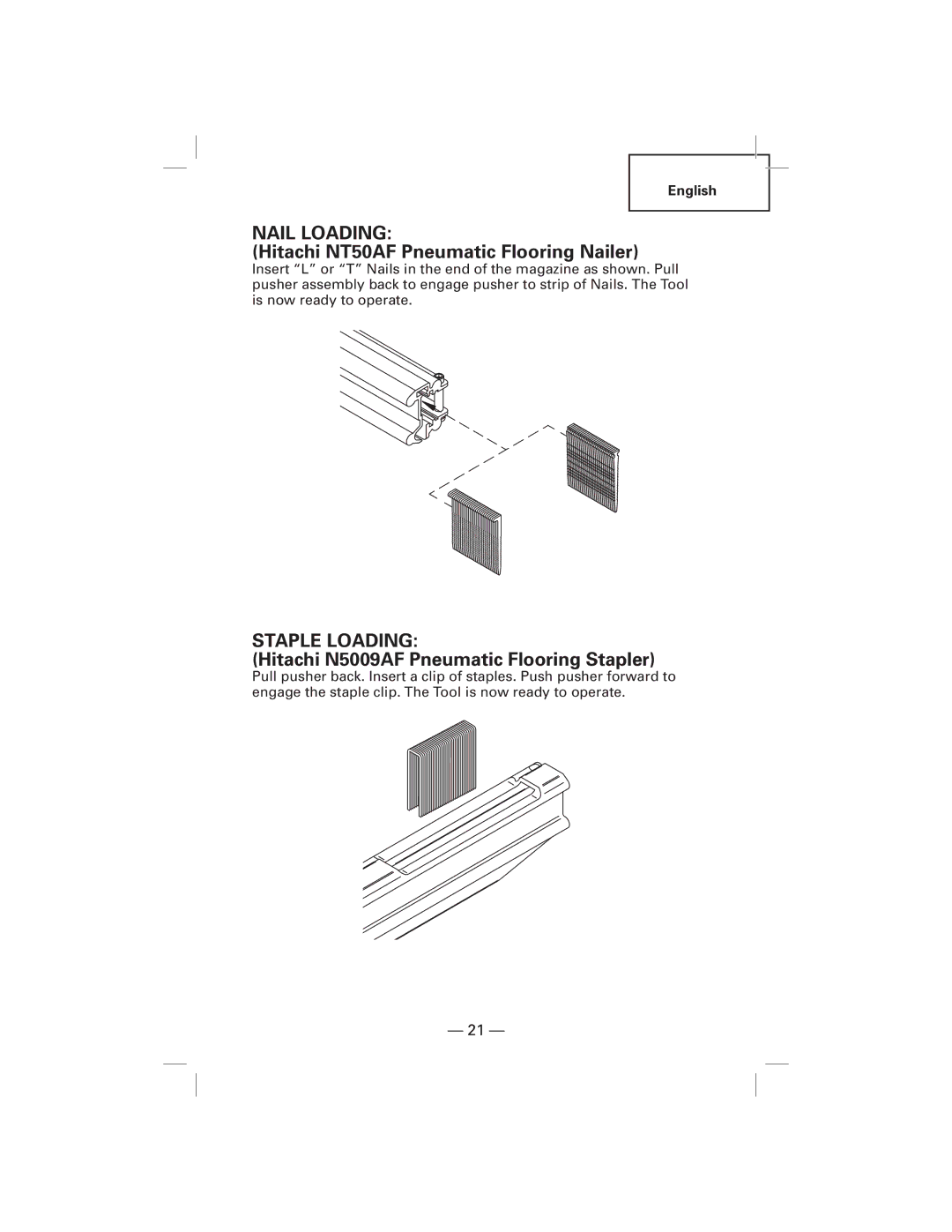 Hitachi NT50AF, N5009AF manual Nail Loading, Staple Loading 