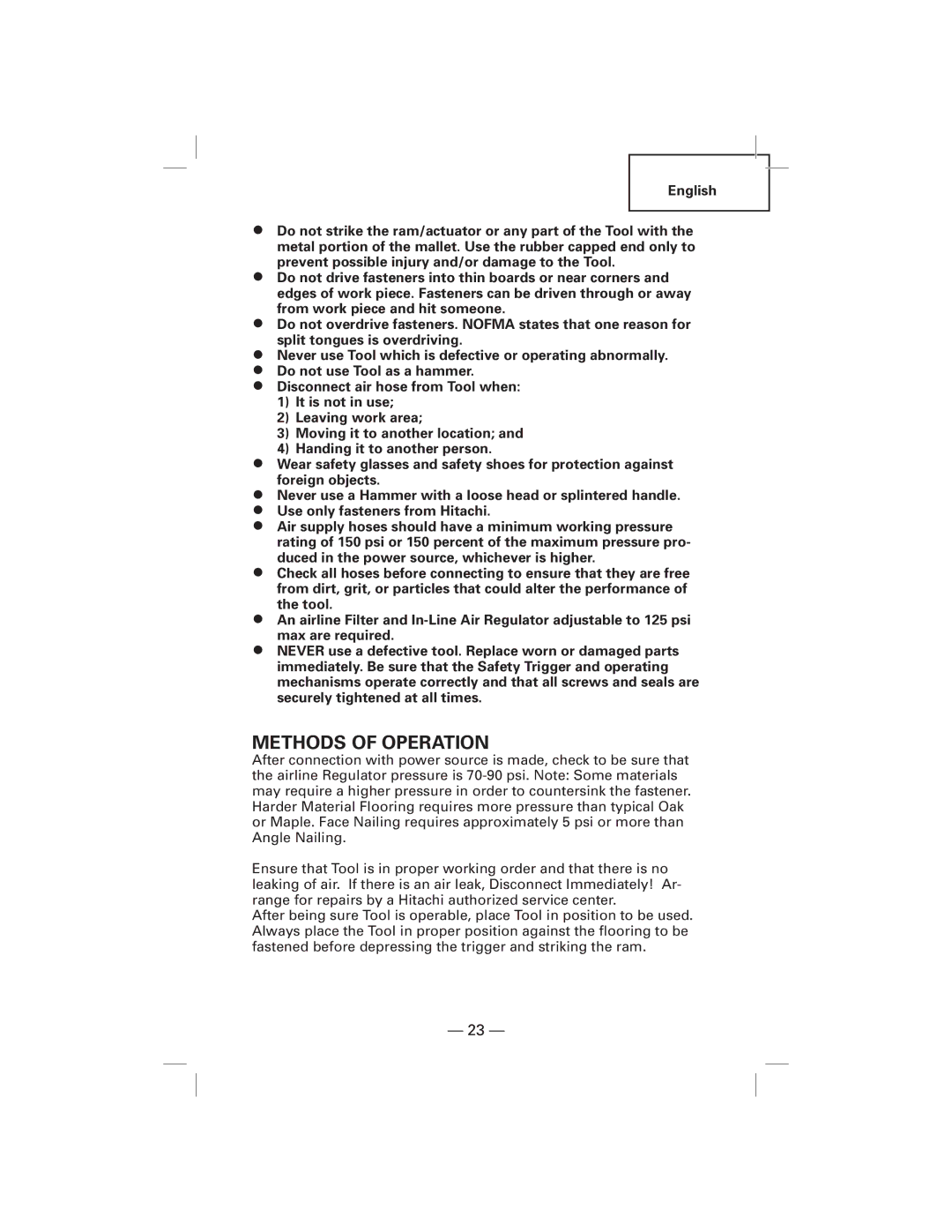 Hitachi NT50AF, N5009AF manual Methods of Operation 