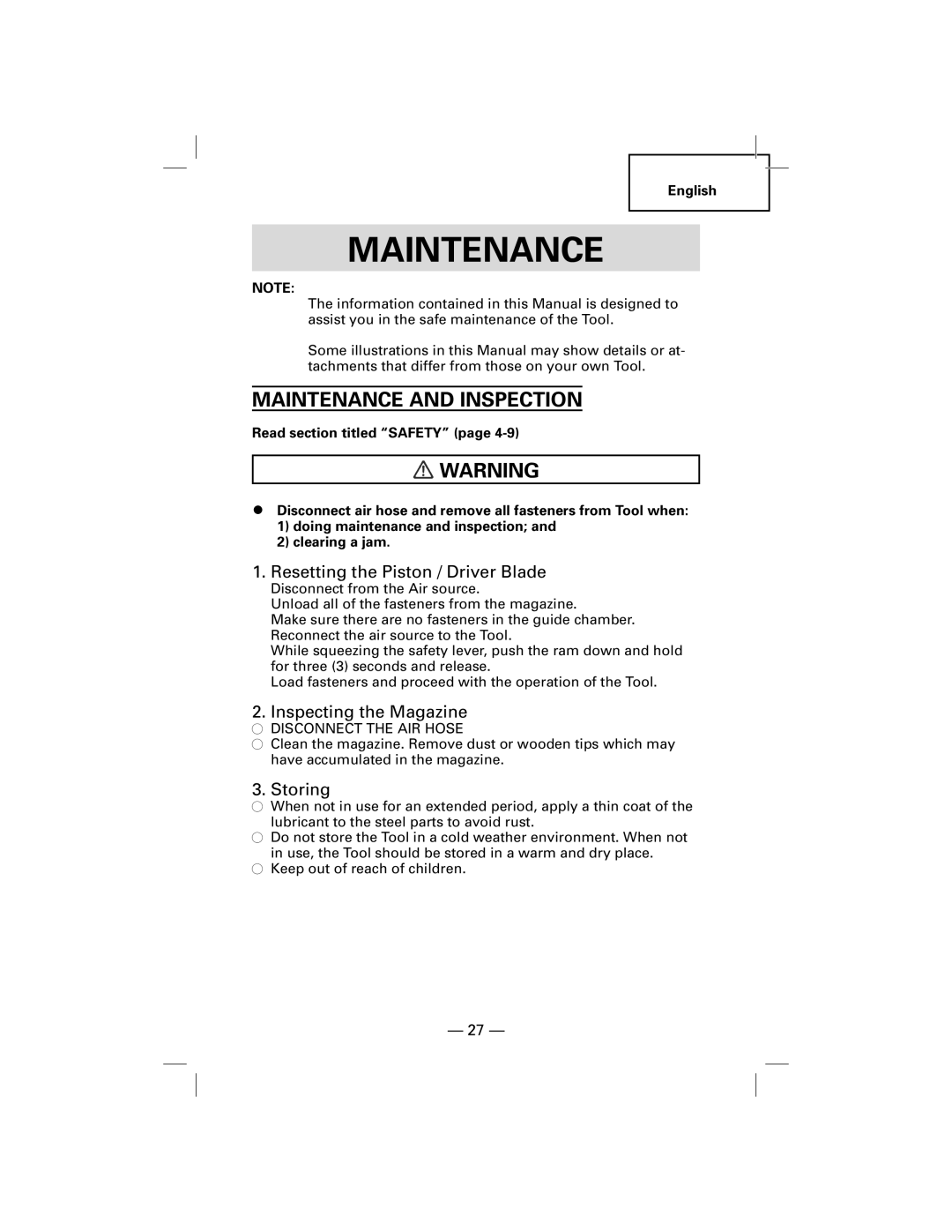 Hitachi NT50AF, N5009AF Maintenance and Inspection, Resetting the Piston / Driver Blade, Inspecting the Magazine, Storing 