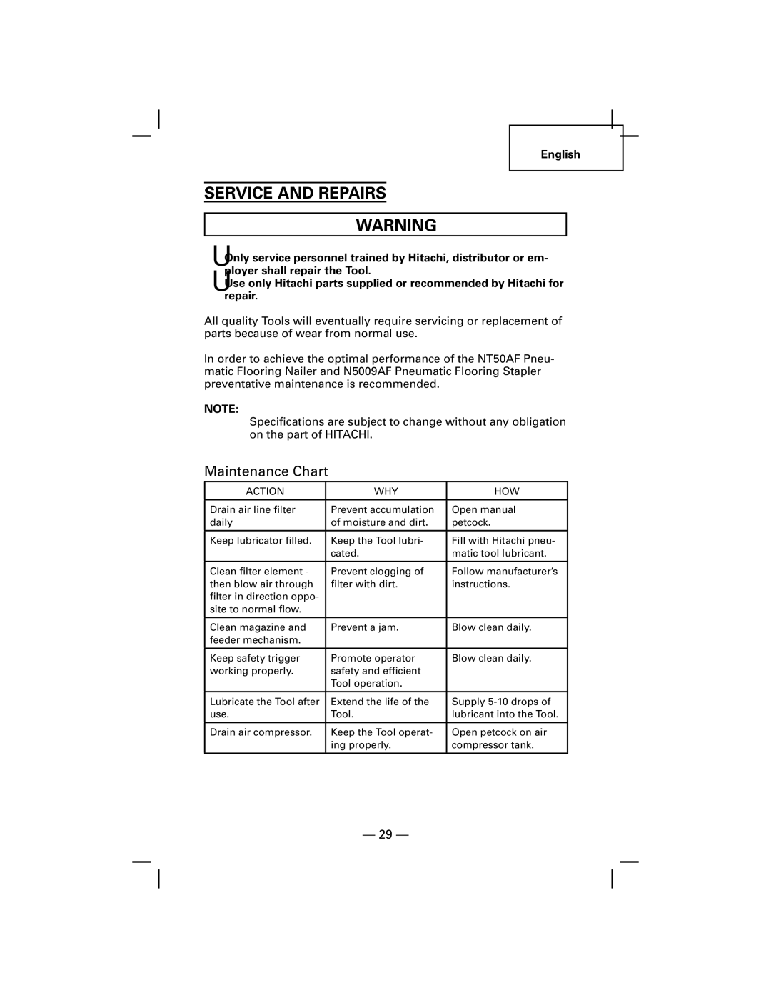 Hitachi NT50AF, N5009AF manual Service and Repairs, Maintenance Chart 