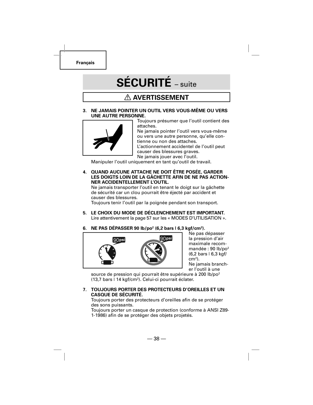 Hitachi N5009AF, NT50AF manual Sécurité suite, Avertissement 