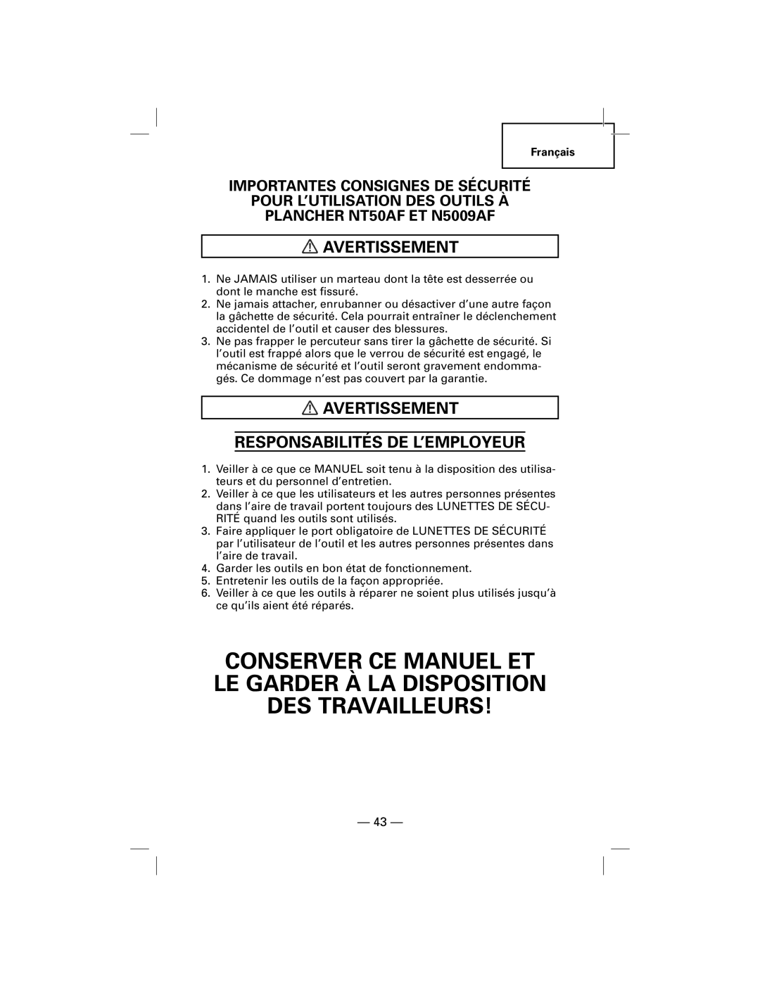 Hitachi NT50AF, N5009AF manual Avertissement Responsabilités DE L’EMPLOYEUR 